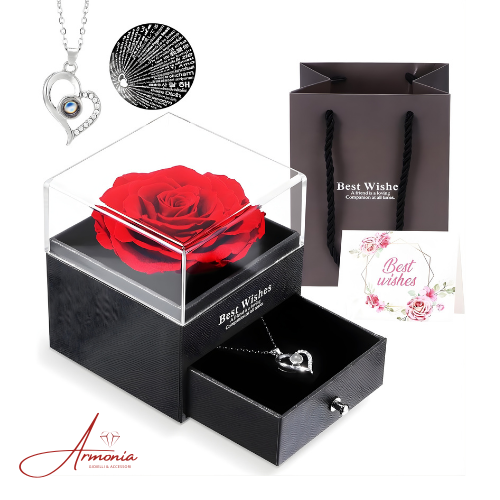 Confezione Regalo per Gioielli con Rosa Eterna e Collana - Idea Regalo Per Donne