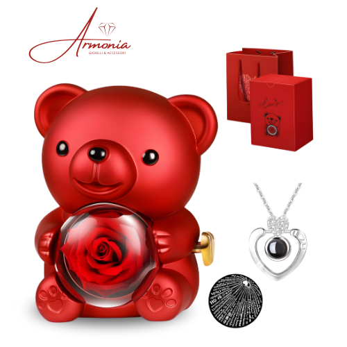 Orso Rosso Con Rosa Eterna e Collana Al Suo Interno - Idea Regalo Per Donne