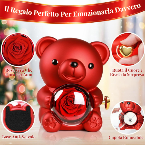 Orso Rosso Con Rosa Eterna e Collana Al Suo Interno - Idea Regalo Per Donne
